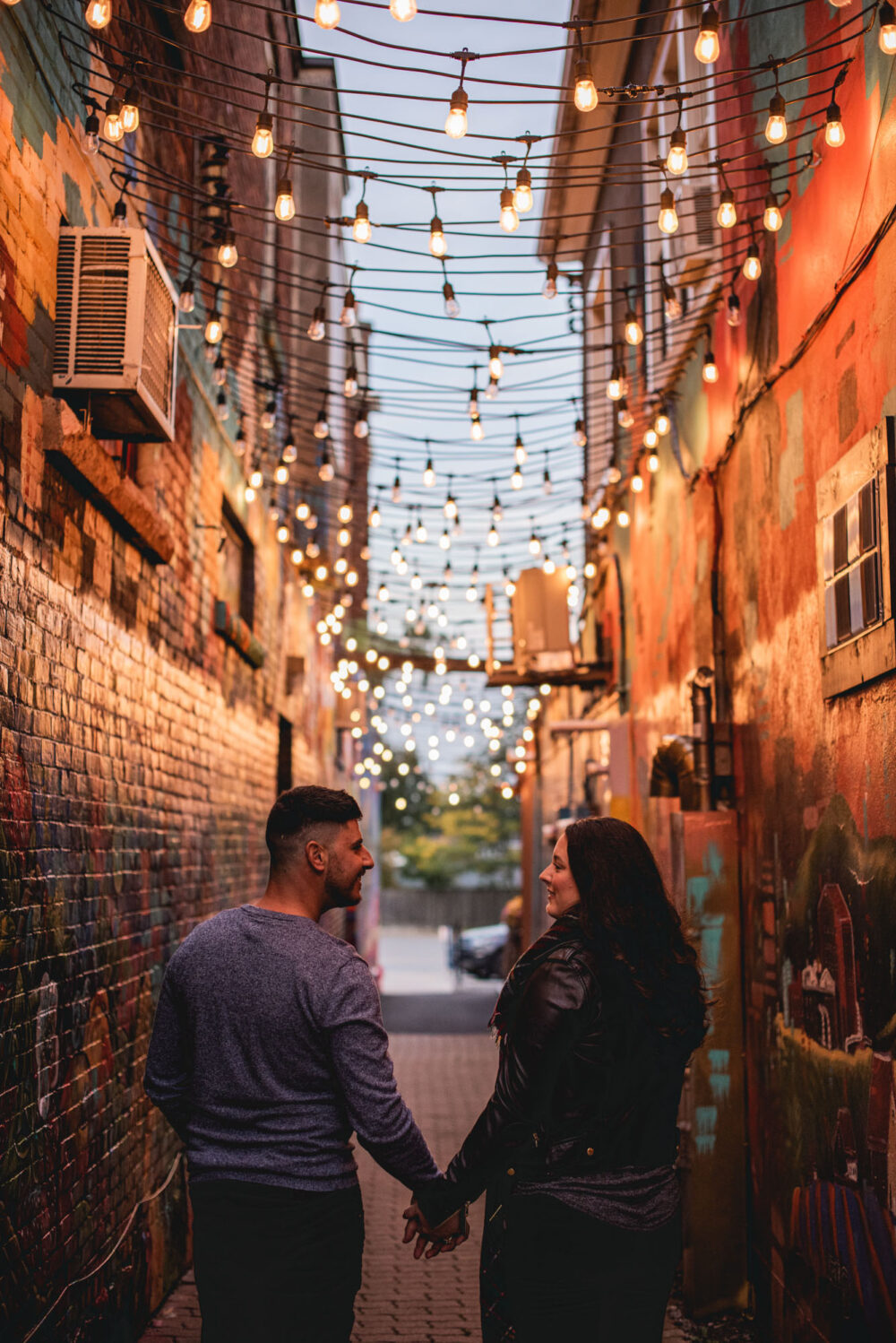 Romantic Alley lights engagement photos