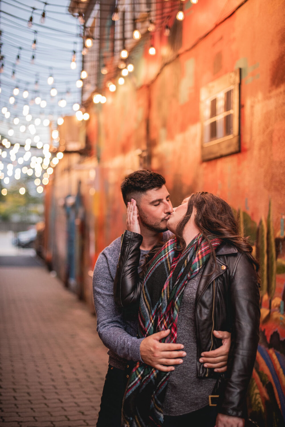 Romantic Alley lights engagement photos