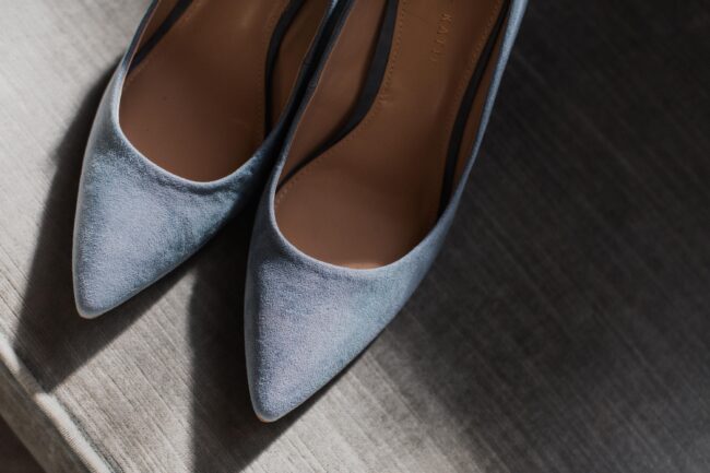 bride's blue wedding day shoes