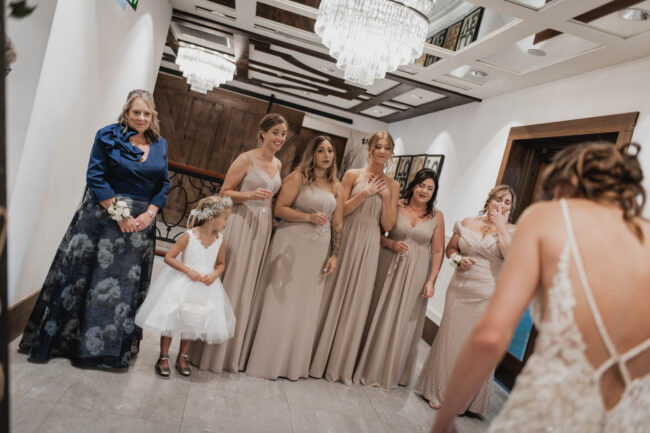 first look with bridesmaids at whistle bear golf club kitchener