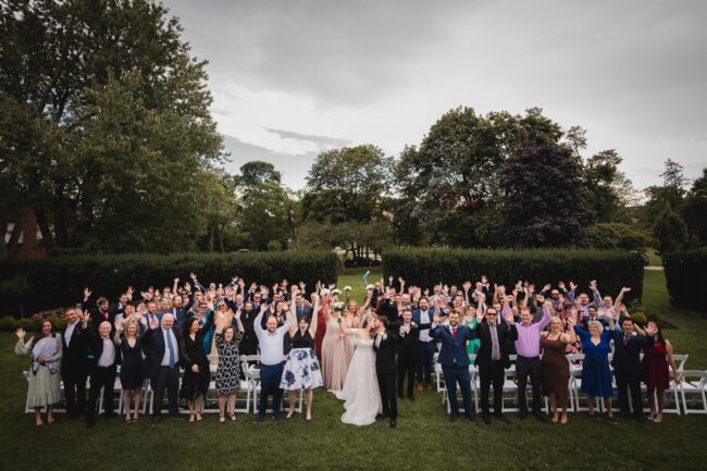 group photo of guests during wedding at canadian forces college