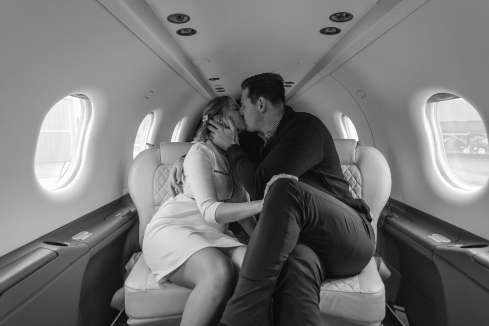 engagement photoshoot in a private plane