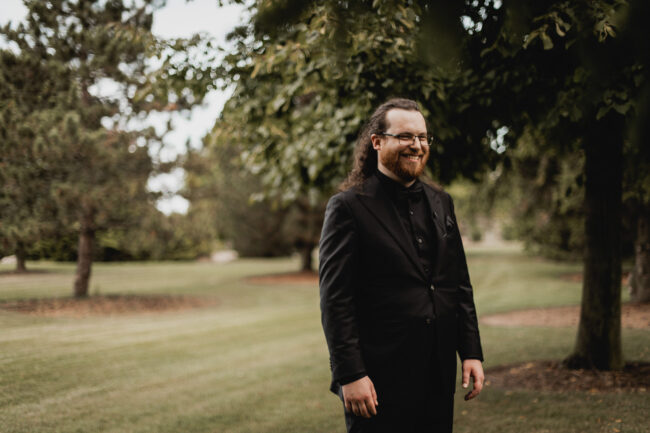 bride and groom first look at hessenland winery grand bend