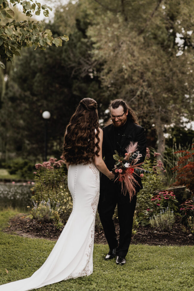 bride and groom first look at hessenland winery grand bend